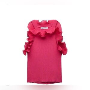 Never worn- ZARA SMALL ribbed hot pink ruffle tank